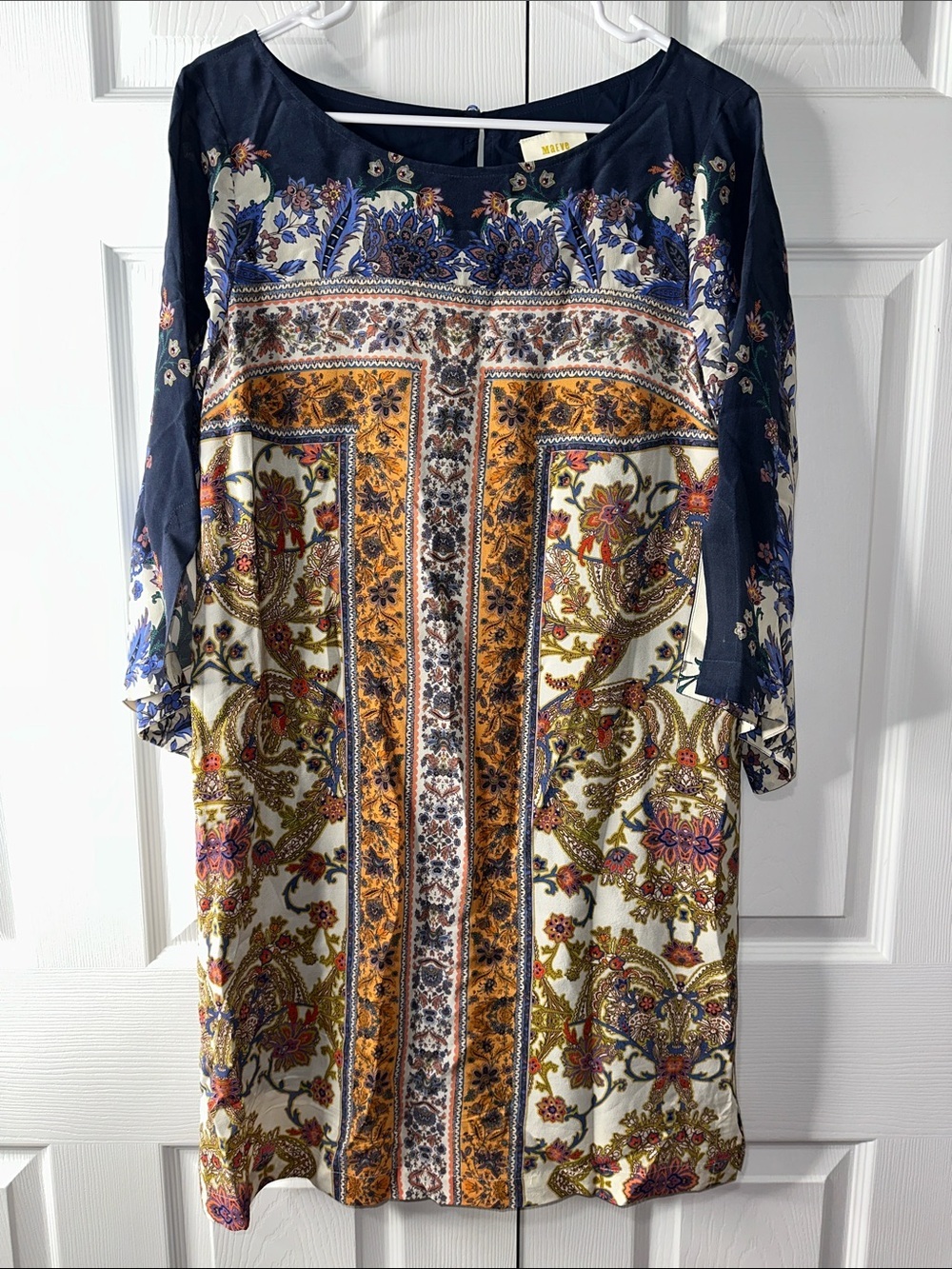 Mauve Navy & Gold Floral Border Midi Dress